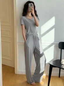 DAZY 2pcs Women Short Sleeve Solid Color Comfortable Pajama Set - Grey - View 6