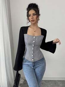 Elenzga Camisa de mujer elegante de manga acampanada con cuello cuadrado y bloque de color negro