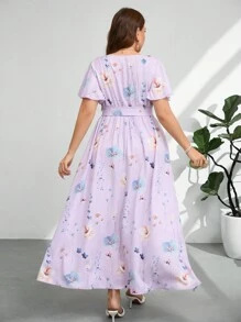 Firerie 大码女式 V 领宽松飘逸踝长度假连衣裙，随机印花和系带腰部，复活节连衣裙，夏季 - 淡紫色 - 查看 2