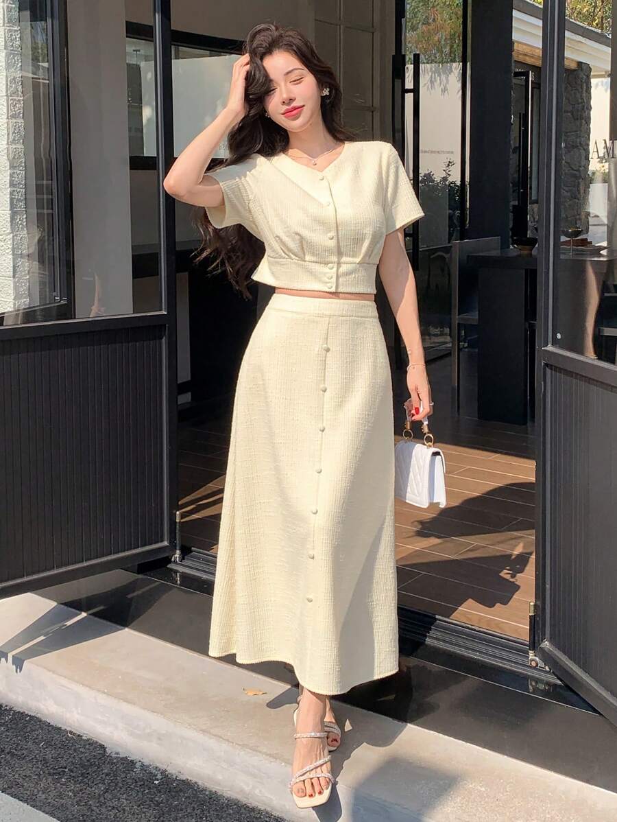DAZY 2pcs Women Solid Color V-Neck Pleat Detail Button Down Shirt And Skirt Set Lounge Sets For Women - Beige - View 1