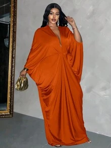 Maweii Plus Size Women's Elegant Solid Color Deep V-Neck Batwing Sleeve Dress, Suitable For Parties Maxi Women Outfit - Coral Orange - View 3