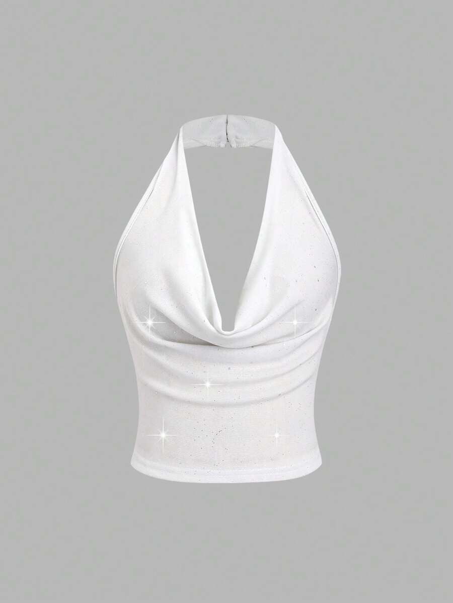 Sweetra Women's Sleeveless Backless Glitter Elegant Draped Neck Tank Top