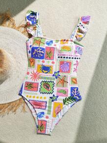 Soleia Women's Tropical Beach Floral Print Patchwork Square Neck Ruffle Trim One-Piece Swimsuit For Summer Beach Vacation