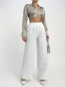 SHEIN Tall Women's Dart And Side Zip Detailed Wide Leg Casual, Elegant Pants - White - View 5