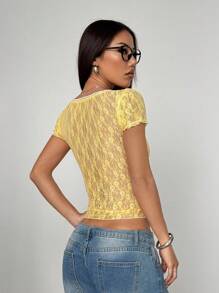 Flirla Women's French Lace Square Neck Form-Fitting Stylish Contrast Ruffle Bowknot Short Sleeve Blouse - Yellow - View 2
