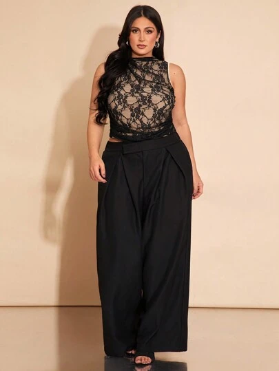 SHEIN BAE Pantalones anchos de pierna ancha negros para mujer de talla grande, pantalones de cintura alta de longitud completa, adecuados para el Día de San Valentín, el Carnaval, la playa, las vacaciones, el regreso a la escuela, la primavera/verano, el transporte, el uso diario, las citas