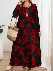 EMERY ROSE Váy cổ tròn dài tay in hoa hồng đỏ ngày lễ tình nhân cỡ lớn, phù hợp cho mùa thu đông - Nhiều màu - Xem 5