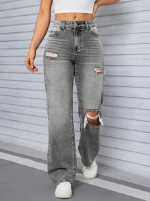 SHEIN Tall 女士高腰破洞男友风牛仔裤，复古 Y2K 水洗牛仔裤