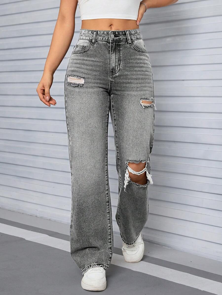 SHEIN Tall 女士高腰破洞男友风牛仔裤，复古 Y2K 水洗牛仔裤