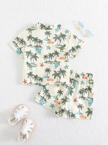 Cozy Pixies 2pcs/Set Baby Boy Coconut Tree Pattern Lapel Short Sleeve Half Placket Pullover Top And Elastic Waist Shorts Set - Multicolor - View 2