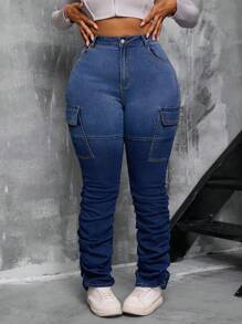 Slaydiva Celana Jeans Wanita Ukuran Besar Warna Gradien Ombre Pinggang Tinggi Elastis - Biru - View 7