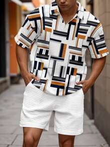 Manfinity Homme Men's Zipper Front Short Sleeve Casual Polo T-Shirt And Shorts 2 Pieces Set - Multicolor - View 1