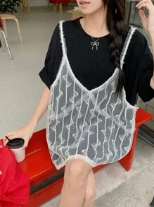 DAZY Women Round Neck Casual Lace Splicing Short Sleeve T-Shirt - Black - View 7