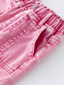 Baby Girl New Fashion Ruffled Waist Washed Denim Straight Leg Pants, Fuchsia,Holiday,Summer,Travel
