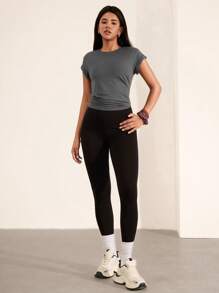 Hanevo Women Casual Solid Color Lace-Up Back Slit T-Shirt Sportwear For Daily Wear - Dark Grey - View 3