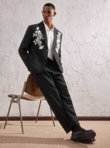 AKNOTIC Business Casual 2pcs Men Black Woven Sequin Patch Slim-Fit Notch Lapel Suit Set, Suitable For Spring/Summer, Vacation, Wedding, Party, Graduation Gift - Black - View 6