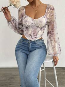 Calvaya Blusa de manga larga, de corte asimétrico, con detalles de espina de pescado, cierre con gancho y ojo, y estampado floral estilo vintage, para mujer, ideal para el Día de San Valentín