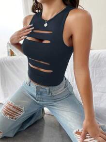 SHEIN Essnce 女士无袖纯色镂空简约休闲时尚背心，日常穿着 - 藏蓝色 - 查看 3
