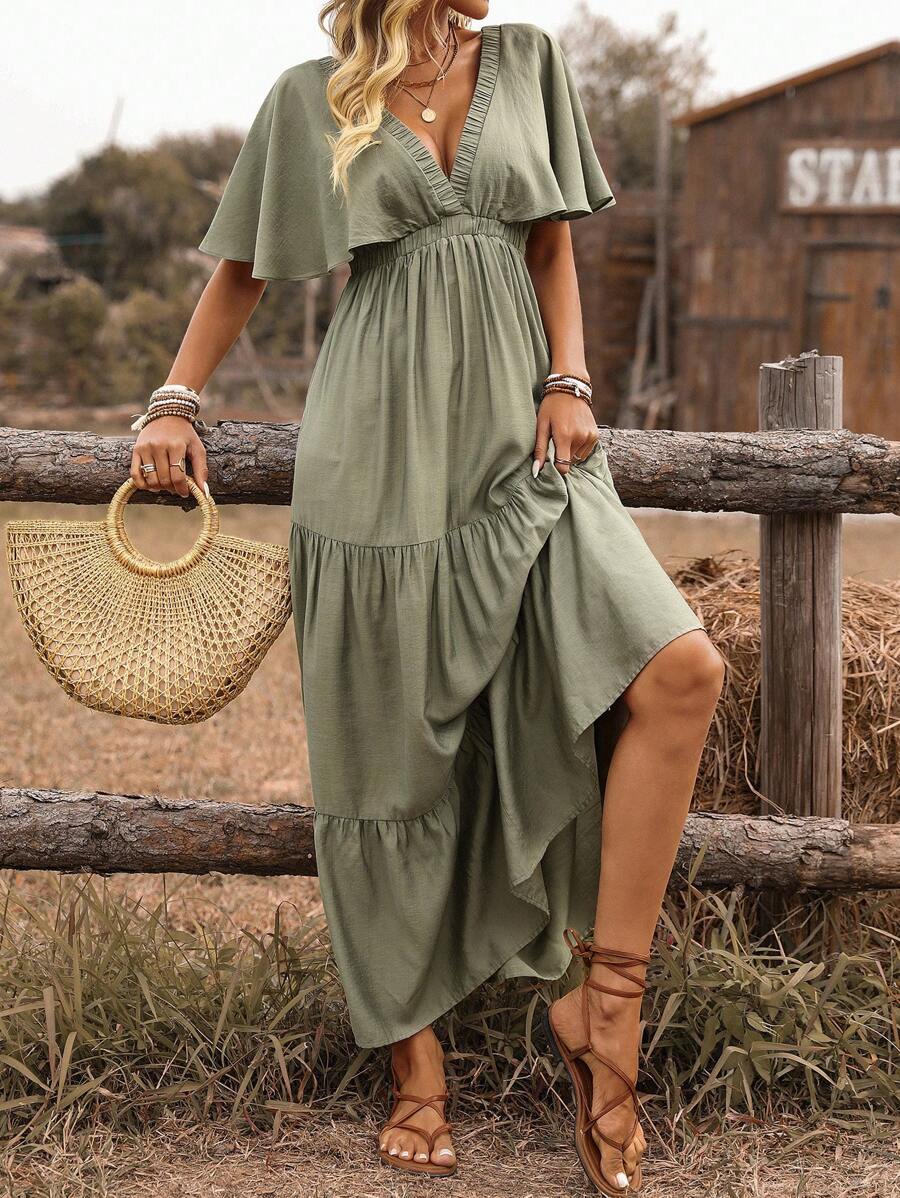 Breezaya Đầm dài đi biển phong cách Bohemian mùa xuân/hè màu trơn cổ chữ V trễ vai tay loe eo viền nhiều lớp viền bèo nhún cho nữ - xanh quân đội - Xem 1