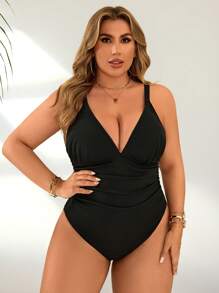 SHEIN Plus Size Black Solid Color One-Piece Swimsuit, For Summer Beach Vacation - Black - View 5
