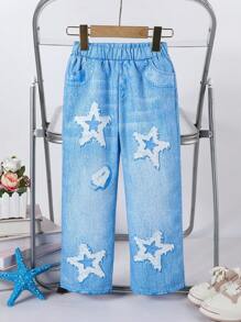 SHEIN New Spring/Summer Young Girl 4-7 Years Old Girls Daily Casual Pentagram Denim Effect-Look Effect Elastic Waist Long Pants