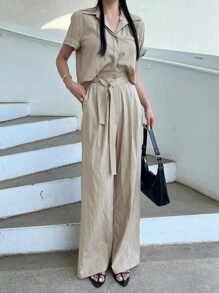 DAZY 女士休闲通勤纯色短袖衬衫和裤子两件套家居服套装