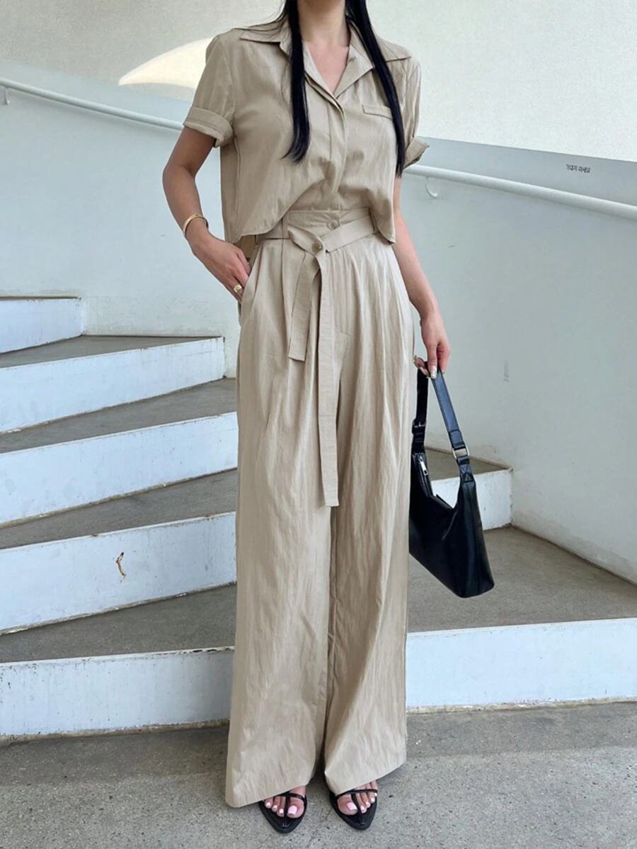 DAZY 女士休闲通勤纯色短袖衬衫和裤子两件套家居服套装