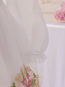 Glamorique Kids Váy công chúa thêu hoa lưới xếp nếp thanh lịch dễ thương cho bé gái mùa xuân/hè - trắng - Xem 6