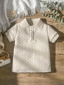 SHEIN Vintaside Kids 男婴几何图案领扣 Polo 衫，杏色，适合日常休闲、户外、学校、度假，风格优雅，适合家庭休闲、运动和派对 - 杏色 - 查看 3