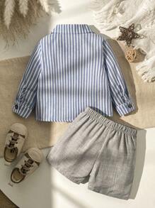 Souflis Souflis 2pcs Baby Boy Sets, Casual Minimal Vertical Striped Embroidered Collar Shirt And Solid Color Shorts, Blue And Gray Combination, Minimalist Style Suitable For Outdoor Play, Home Leisure, Sports, Spring, Summer, Autumn