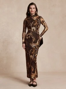 Chiquease Đầm suông thắt eo họa tiết đá cẩm thạch thường ngày cho nữ - màu nâu - Xem 3