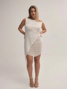 MUSERA Vestido mini sexy con hombros asimétricos de malla y envolvente delantero, para citas, noches de chicas, vacaciones, ocasiones, invitadas de boda. Fluido y versátil para otoño, invierno, Navidad, fiesta de Acción de Gracias, elegante y chic.