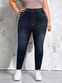 SHEIN LUNE Coolmax Plus Size Women's Elastic Waist Pocket Skinny Casual Denim Jeans - Dark Wash - View 5