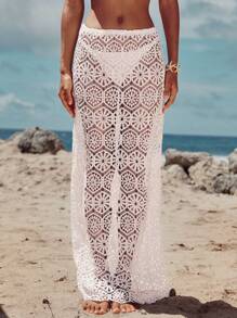 Opulessa Plain Weave Lace Long Skirt, Women's Low-Waist Skirt - White - View 3