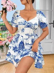 Celure Vestido casual de manga corta con cuello de corazón y estampado, estilo corpiño para tallas grandes en verano
