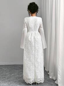 SHEIN Unity Women's Elegant Lace Patchwork Chiffon Tassel Dress Fall Cloth For Women - White - View 2