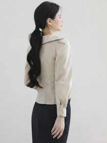 DAZY 女式不对称肩长袖收腰衬衫，秋季服装 - 灰色 - 查看 5