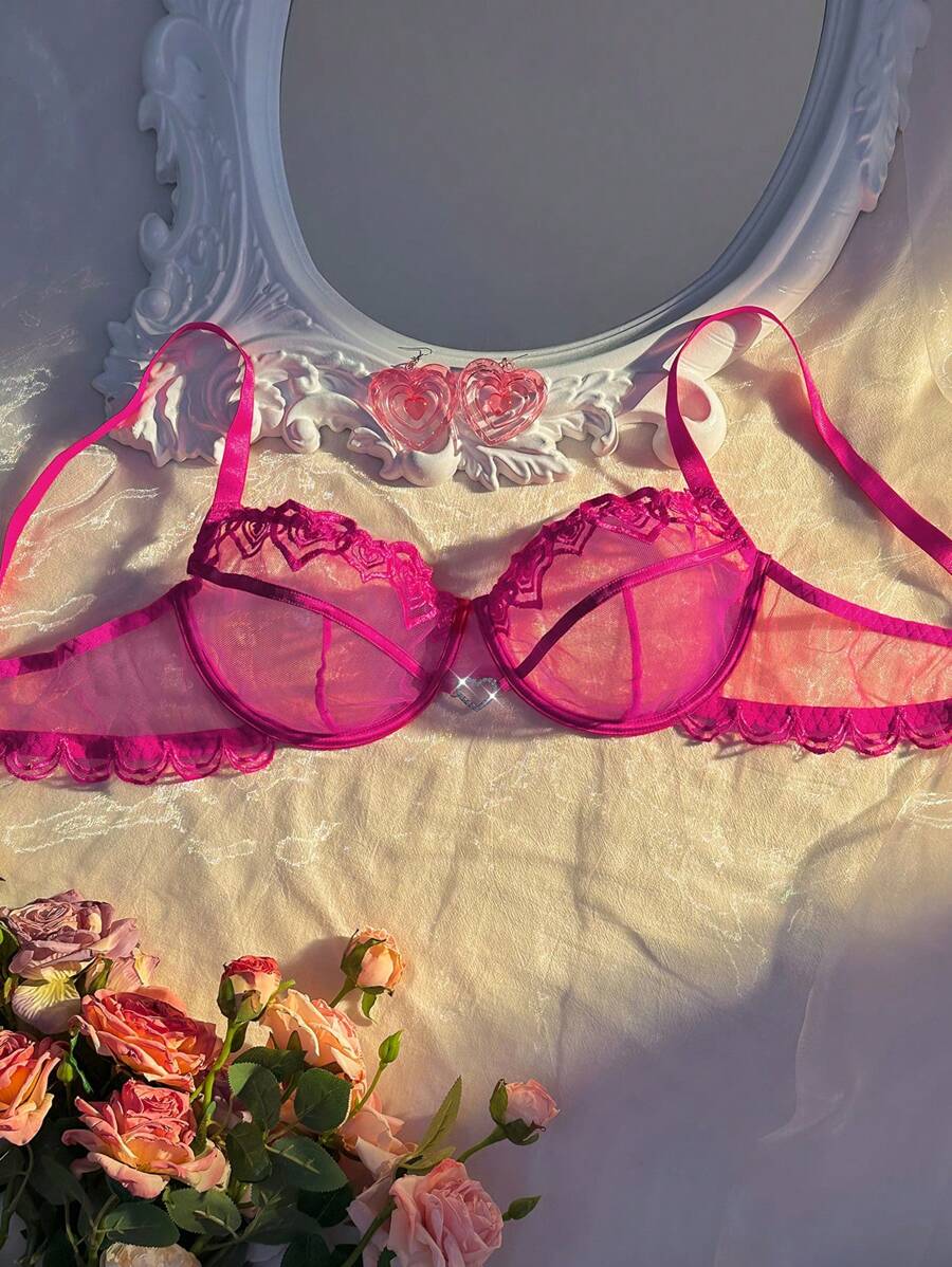 Plus Size Romantic Embroidery Lingerie Set With Underwire Lift & Support Bra, For Valentine's Day - Pink - View 1