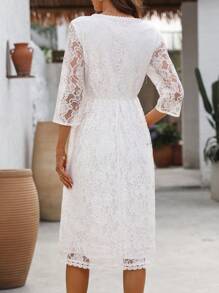 EMERY ROSE 女士花卉蕾丝 V 领 3/4 袖优雅中长连衣裙 - 白色 - 查看 2