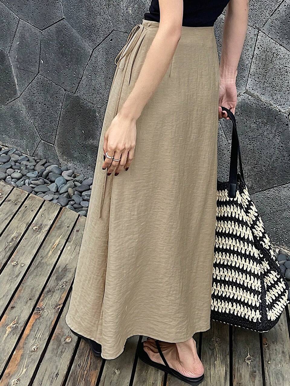 Women's Casual Solid Color Drawstring Wrap Skirt, Vacation Style Linen Fall
