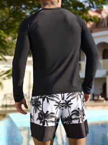 Manfinity Swimmode 2pcs/Set Men's Letter Print Long Sleeve Top And Palm Tree Swim Shorts Men Swim Trunks,Hawaiian