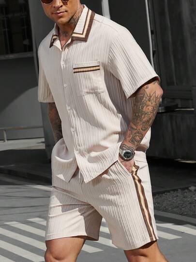 Manfinity CasualCool Men 2 Pieces Textured Striped Short Sleeve Shirt And Shorts Set Men Clothing Men Shirt Co Ords