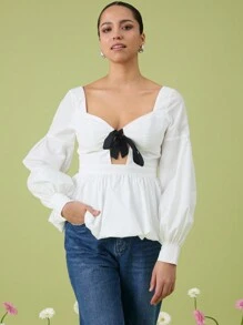 Oxana Designer Women's Business Casual Tie Front Tie Long Sleeve Casual Top, Everyday Wear, Spring & Summer, Going Out, Festival, Office - White - View 9