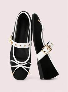 CUCCOO DOLLMOD Round Toe Suede Patchwork Metal Buckle Bow Ballet Flat Soft-Soled Loafers For Women Spring Shoes Spring Break Easter - Black and White - View 2