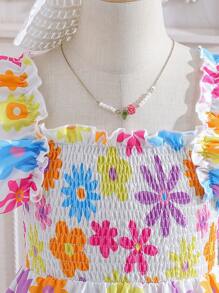 SHEIN Young Girl Square Neck Gathered All-Over Print Dress - Multicolor - View 5