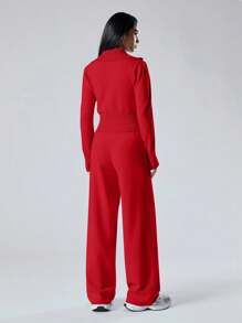 LYSMO 2pcs Women's Solid Color Zip Front Long Sleeve Top & Full Length Pants Set - Red - View 2