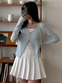 DAZY 女式纯色修身 V 领休闲 T 恤，春夏秋季长袖女式上衣 - 藍色 - 查看 5