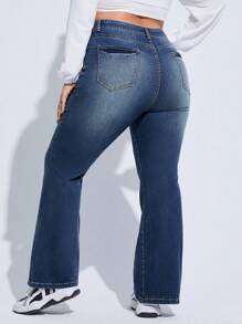 SHEIN CURVE+ Plus Size Women's Elastic Vintage Slim Fit Flare Jeans - Blue - View 2
