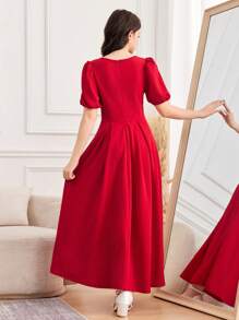 SHEIN Vestido largo elegante con decoración de botones de perlas para adolescentes, primavera y verano, Año Nuevo, Día de San Valentín - Estilo "Clean Girl"/Rojo lujoso para fiestas, vestido de princesa/temporada de bodas, vintage, playa, mar, elegante - Burdeos - Ver 2