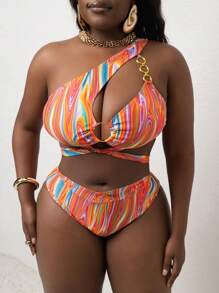 Slaydiva Conjunto de bikini de traje de baño para mujer talla grande con estampado abstracto y decoración de hebilla de metal para el verano